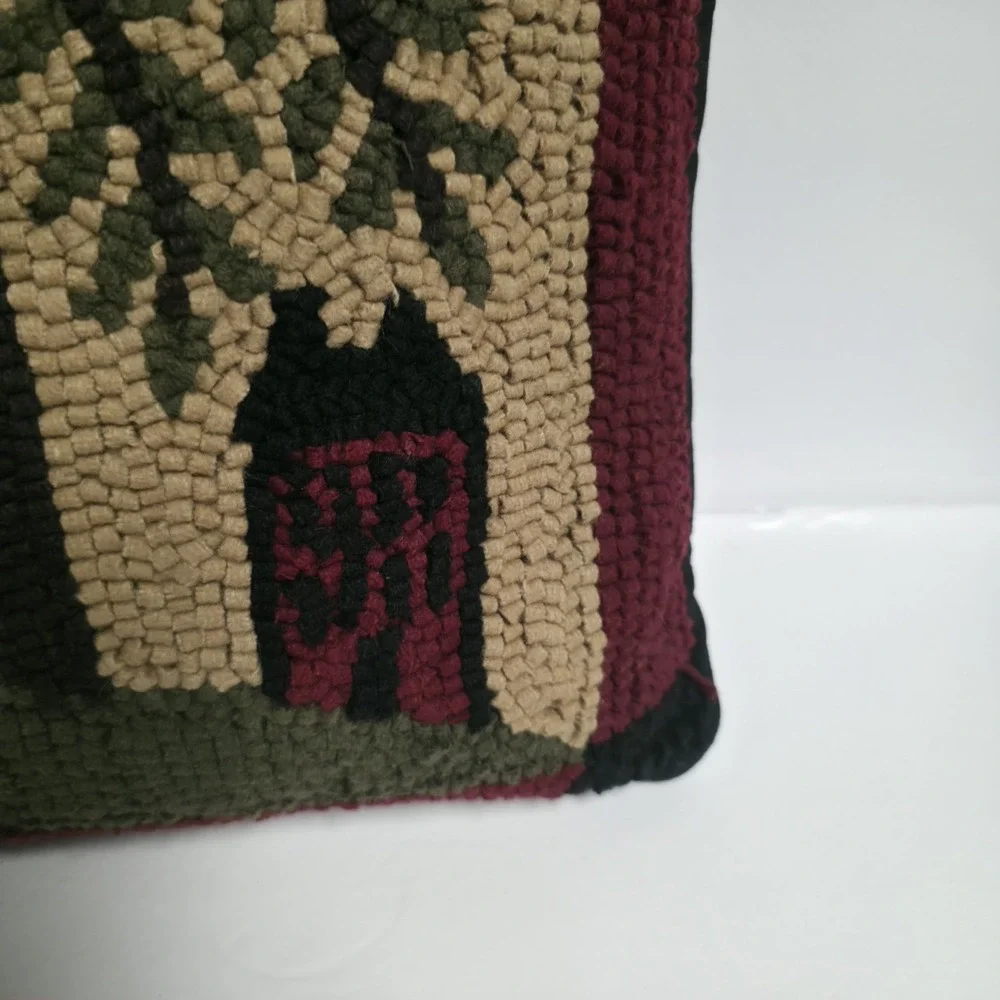 Primitive Folk Art Hooked Wool Pillow Willow Tree Saltbox House Country Decor